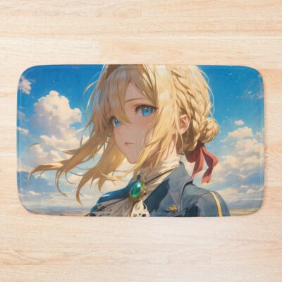 Violet Evergarden Violet Anime Girl Blonde Hair Blue Eyes Field Scenic Portrait Elegant Blue Jacket Bath Mat
