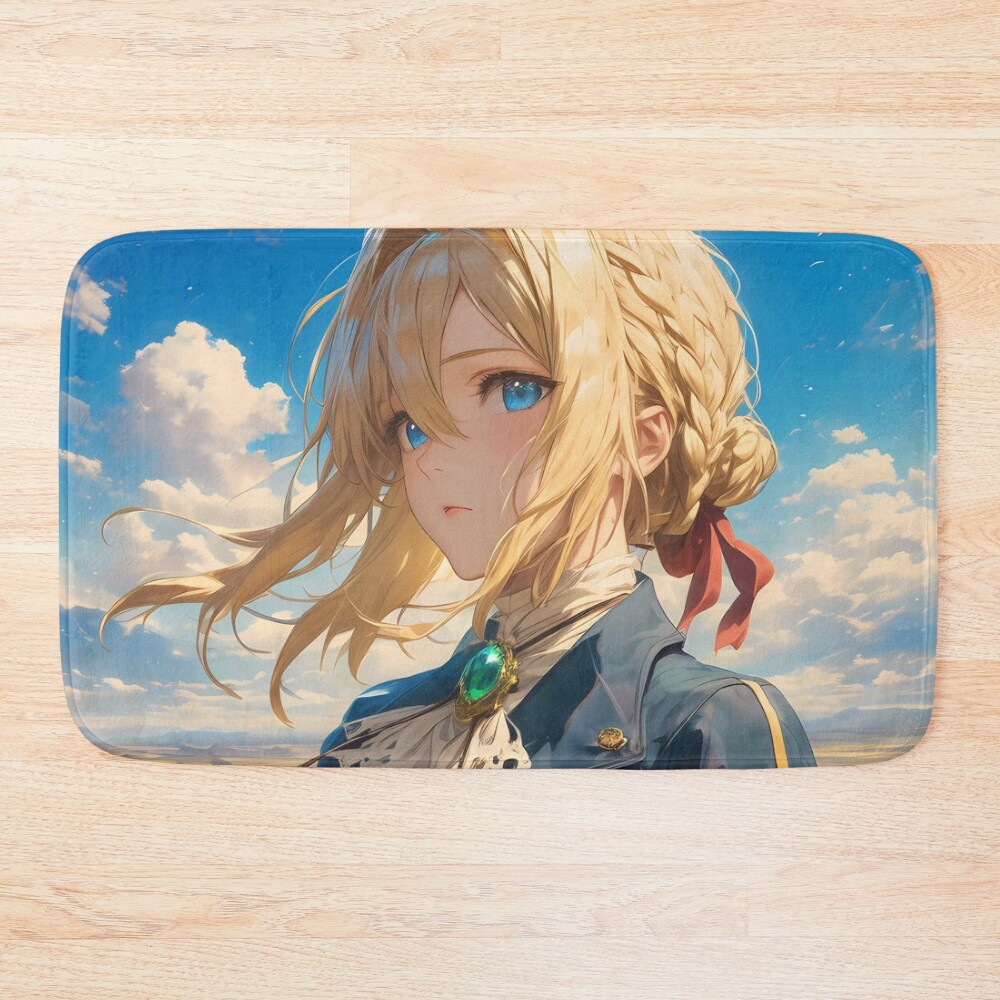 Violet Evergarden Violet Anime Girl Blonde Hair Blue Eyes Field Scenic Portrait Elegant Blue Jacket Bath Mat